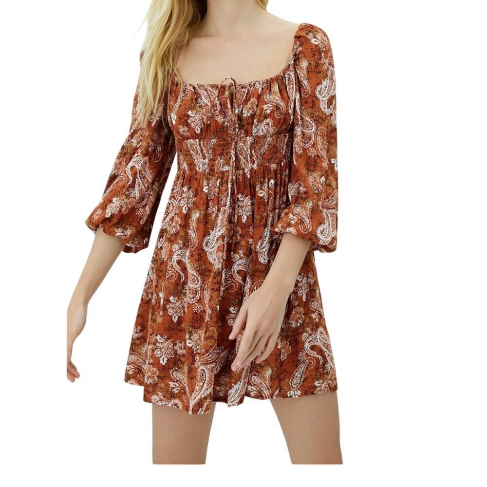 Stradivarius Rust Terracotta Paisley Print Mini Dress Puff Sleeve Smocked Size S